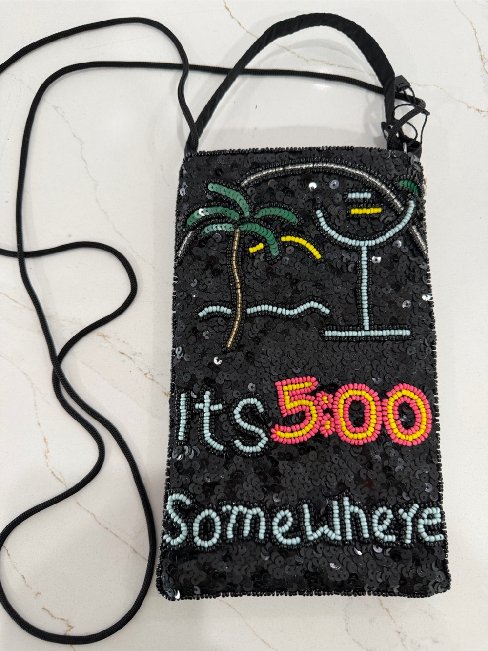 Bamboo Trading Beaded Sequin Black Crossbody Phone Bag with Colorful Embroidery